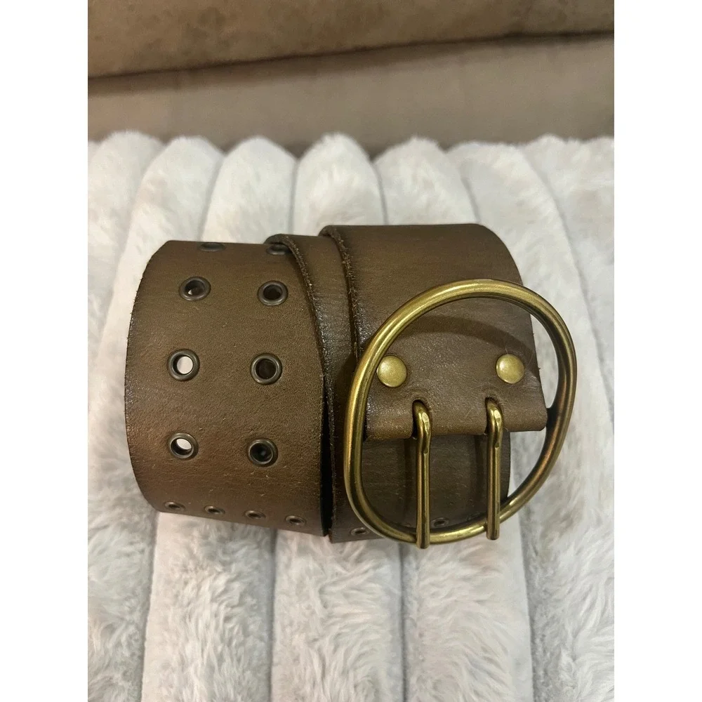 Linea Pelle Wide Leather Grommet Belt Women's Brown Brass‎ Double Prong Buckle S